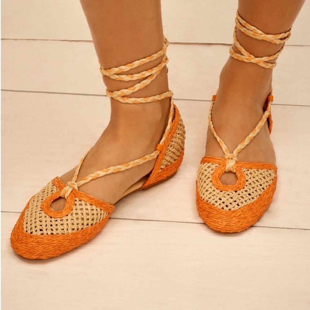 Schutz sz 6.5 Jessel Flat Orange & Beige Woven Tie Up Straps comfy travel shoes